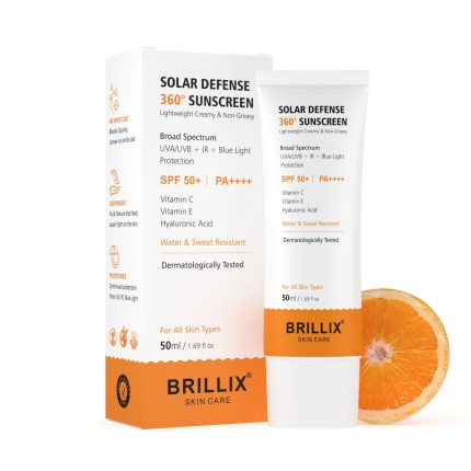 BRILLIX SPF 50+ PA++++ Sunscreen | Vitamin C + E + Hyaluronic Acid | No White Cast | Sweatproof, Dermatologically Tested | for Face&Body | 50ml